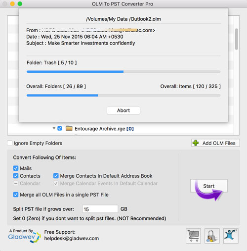 Outlook Mac to PST conversion in progress